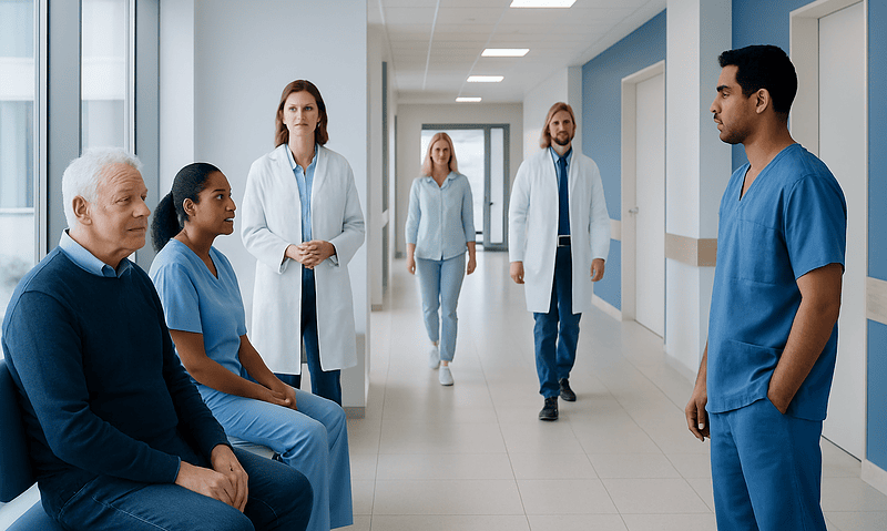 Medical team discussing patient care in hospital corridor.
