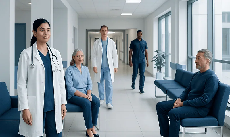 Medical team consulting with patient in hospital corridor.