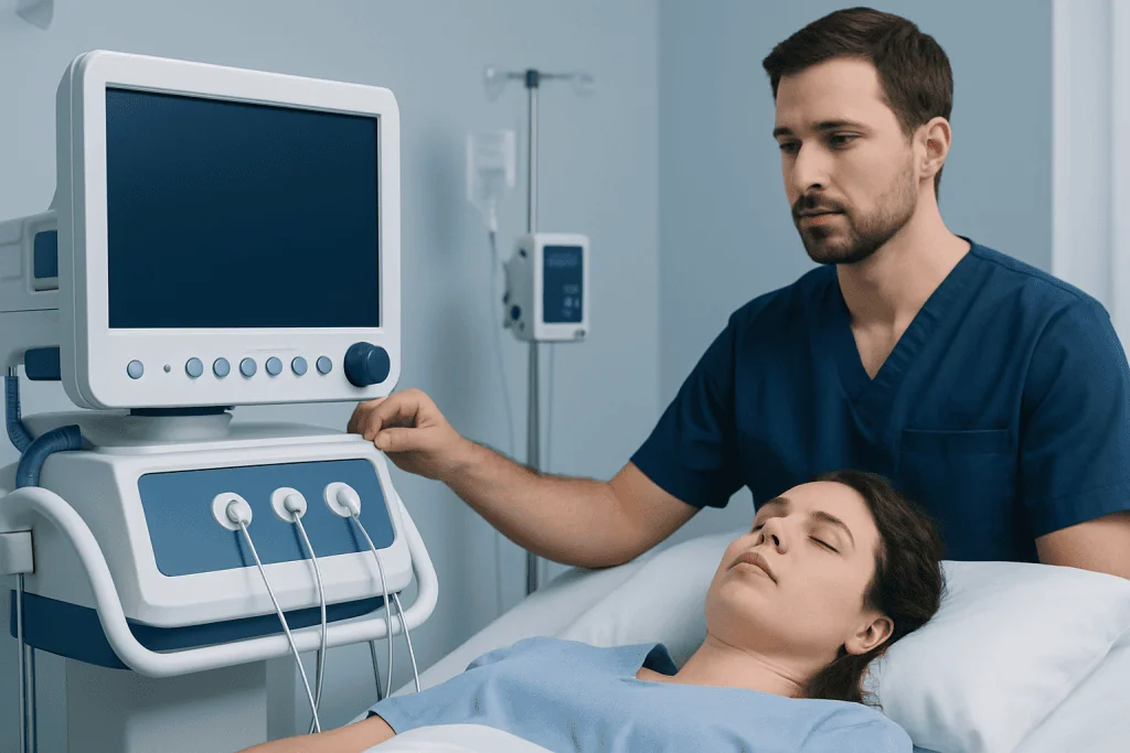 Doctor monitoring patient with EEG machine in hospital.