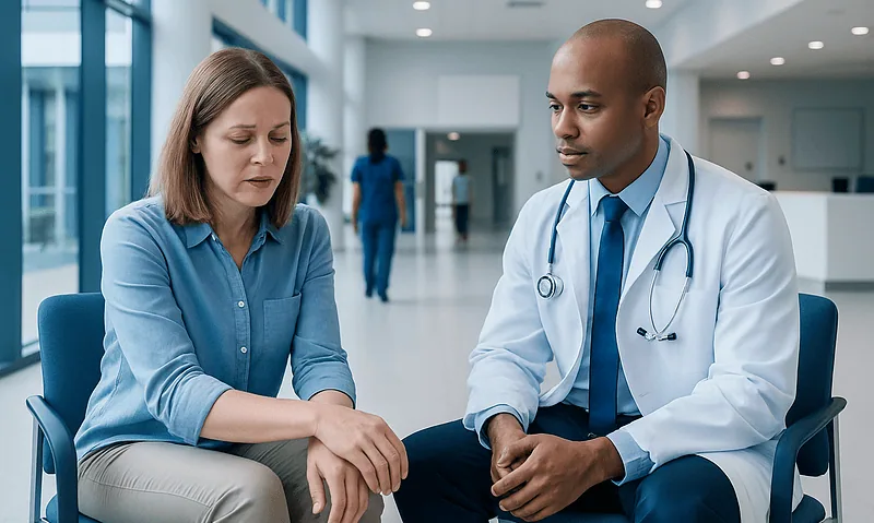 Doctor consulting with a patient in a hospital corridor.