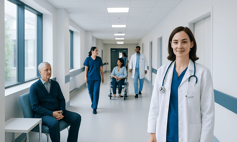 Healthcare professionals and patient in hospital corridor at Acibadem Hospitals Group.