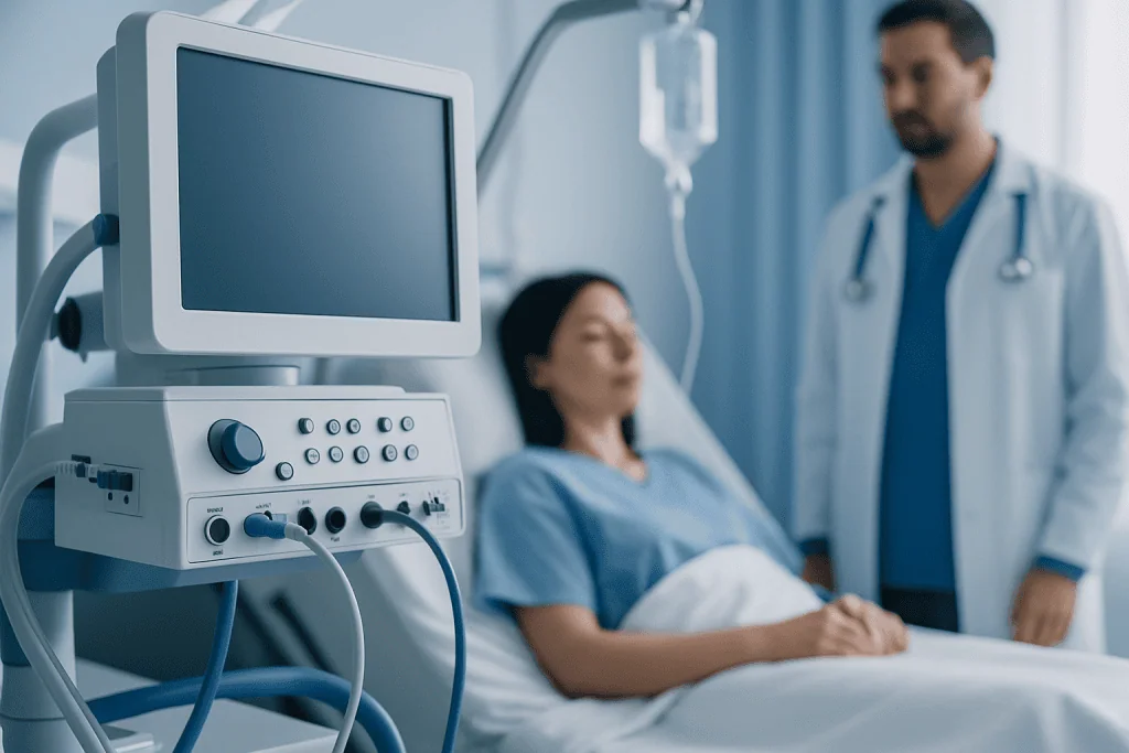 Hospital patient monitored with medical equipment in a clinical setting.