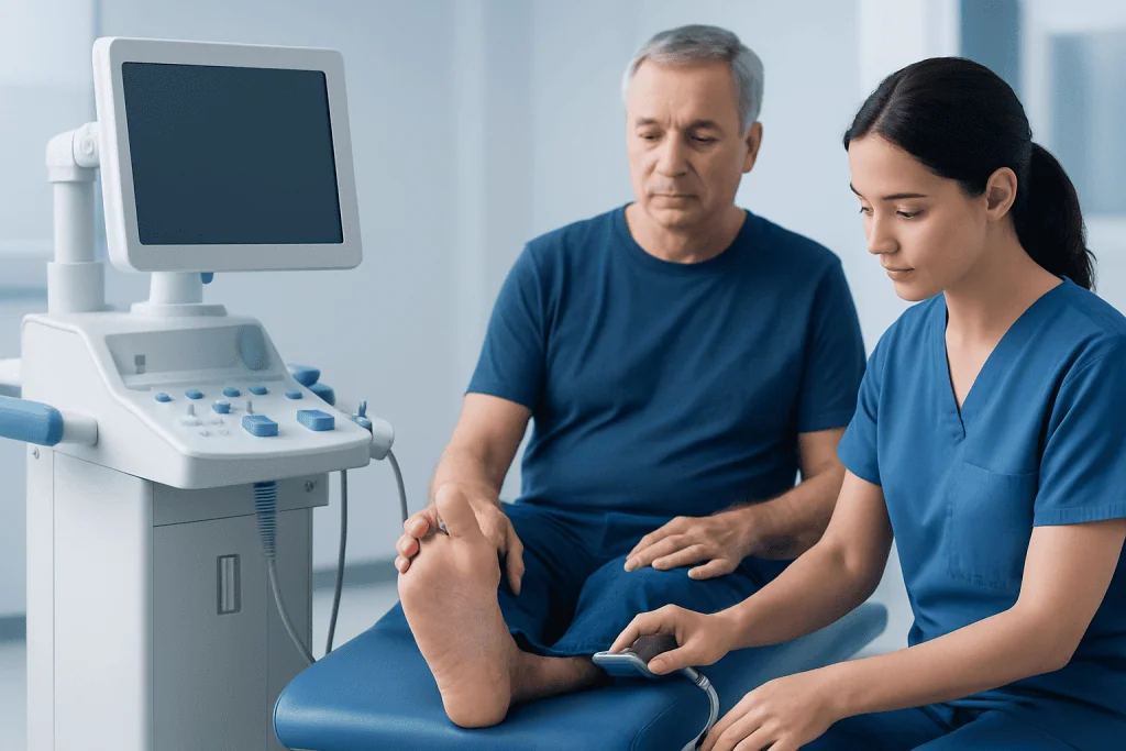 Medical professional examining a patient's foot with ultrasound device in clinic.