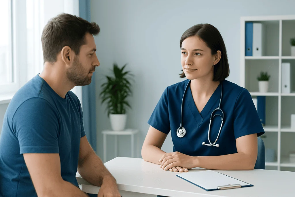 Doctor consulting with a male patient in a modern clinic setting.