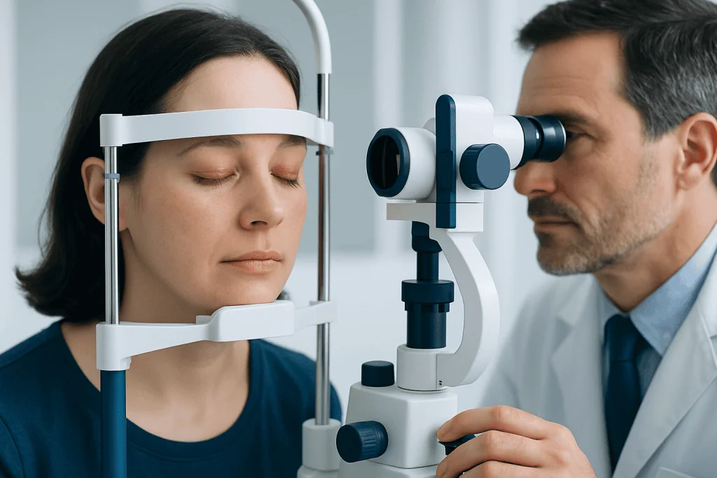 Ophthalmologist examining a woman's eyes with a slit lamp in a clinical setting.