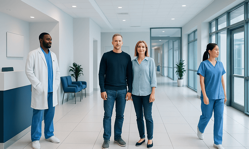 Healthcare professionals and patients in a modern hospital corridor.
