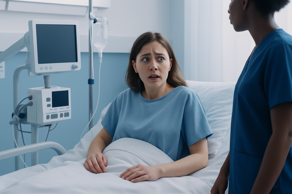 Young woman in hospital bed looking worried with nurse nearby.