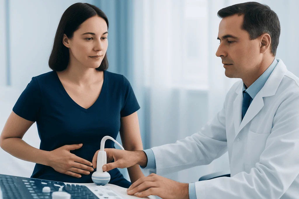 Doctor performing an ultrasound on a female patient in a medical clinic.