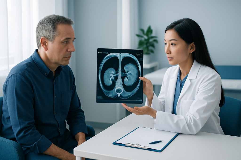 Doctor explains MRI kidney scan to patient in a medical consultation.