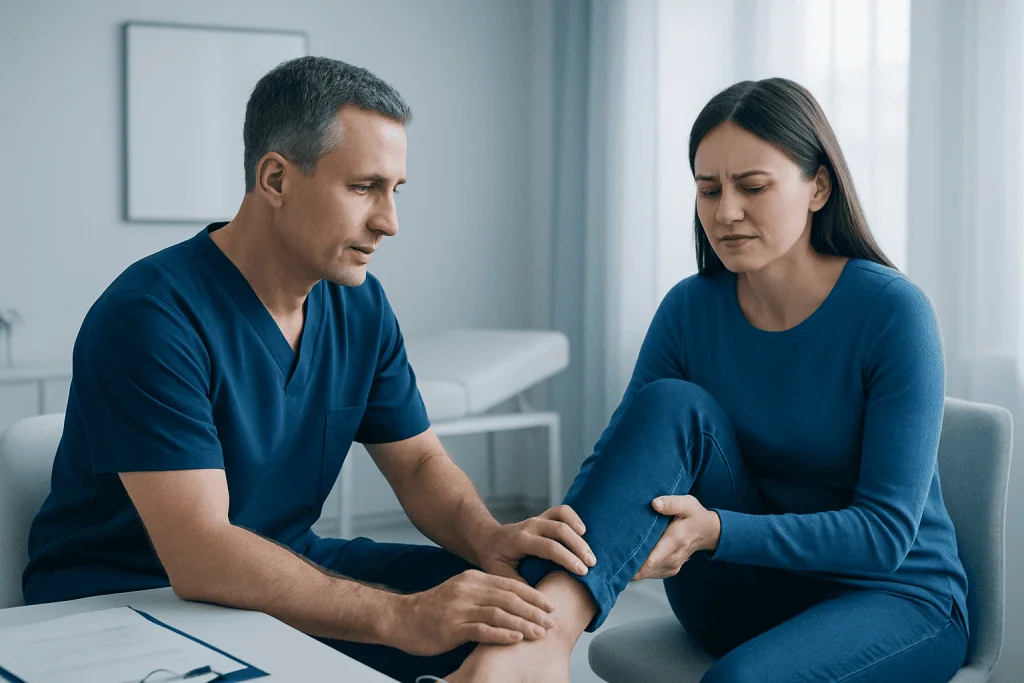 Doctor examining patient's ankle for injury or pain.