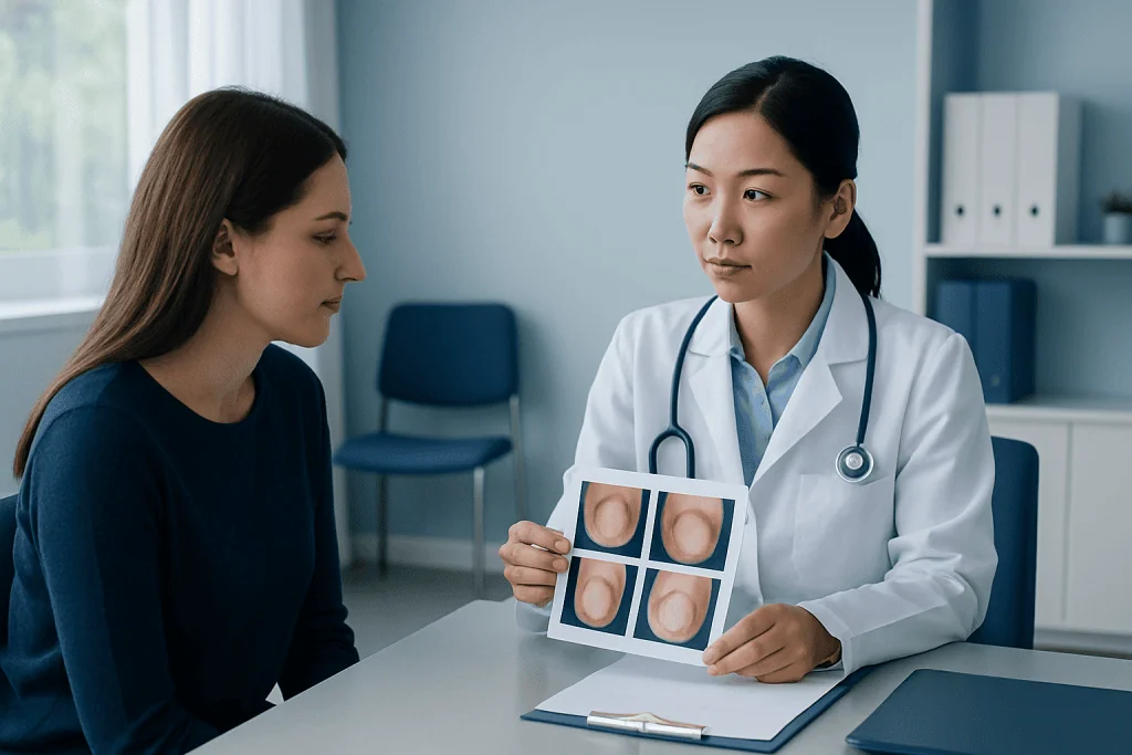 Dermatologist explains nail disease diagnosis to patient with nail images.