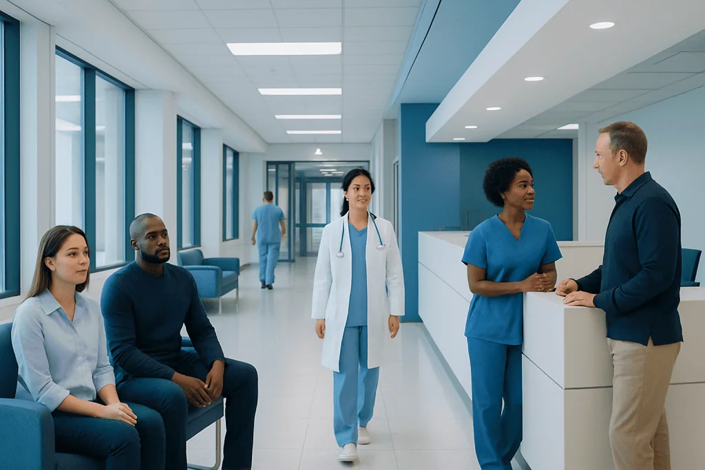 Pine Pollen — Explained by Medical Evidence, Not Myths 1 Hospital waiting area with medical staff and patients engaging in conversation.