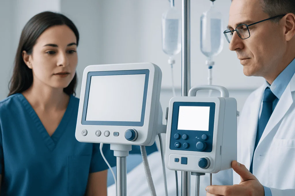 Medical professionals monitoring patient with ventilator equipment in hospital.