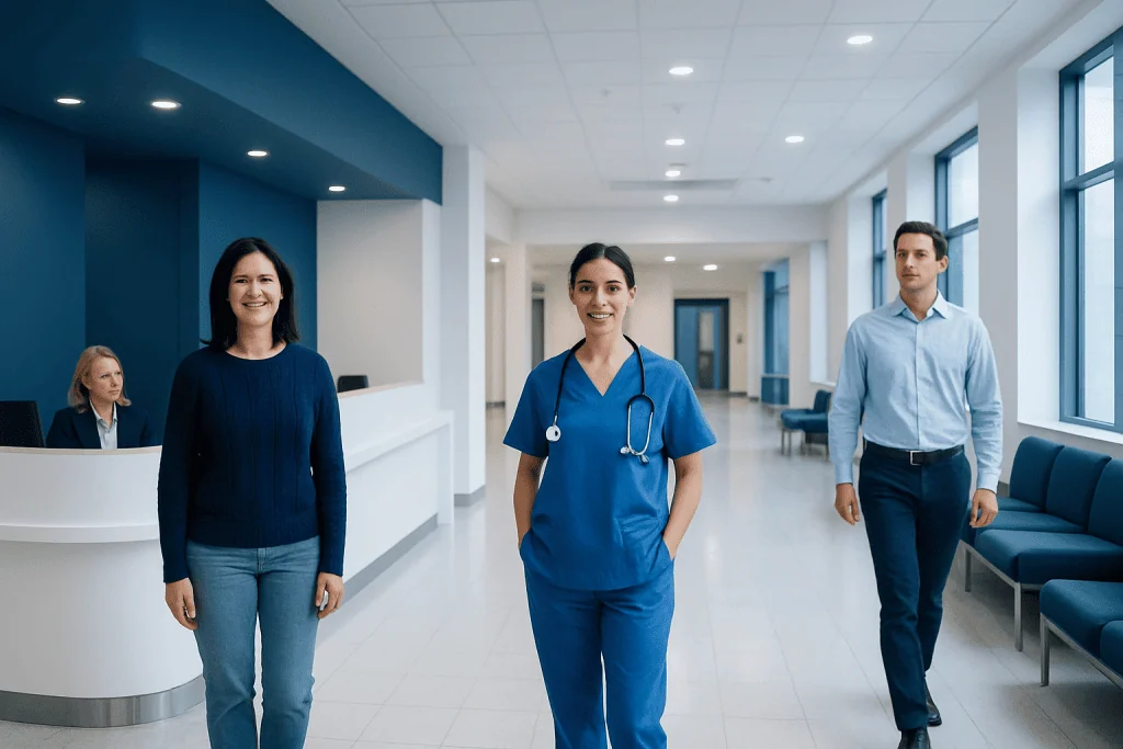 Plastic Surgery Marketing: Procedure, Recovery and Results 1 Healthcare professionals walking in a modern hospital corridor.