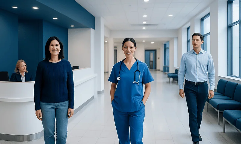 Healthcare professionals walking in a modern hospital corridor.