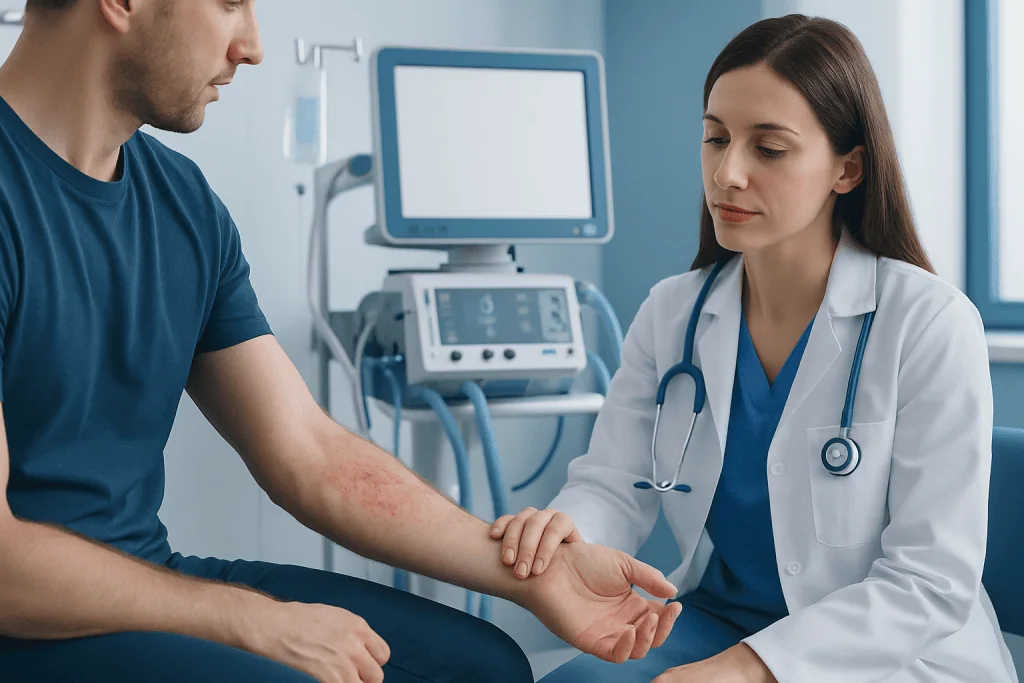 Doctor examining patient's arm in a hospital setting.