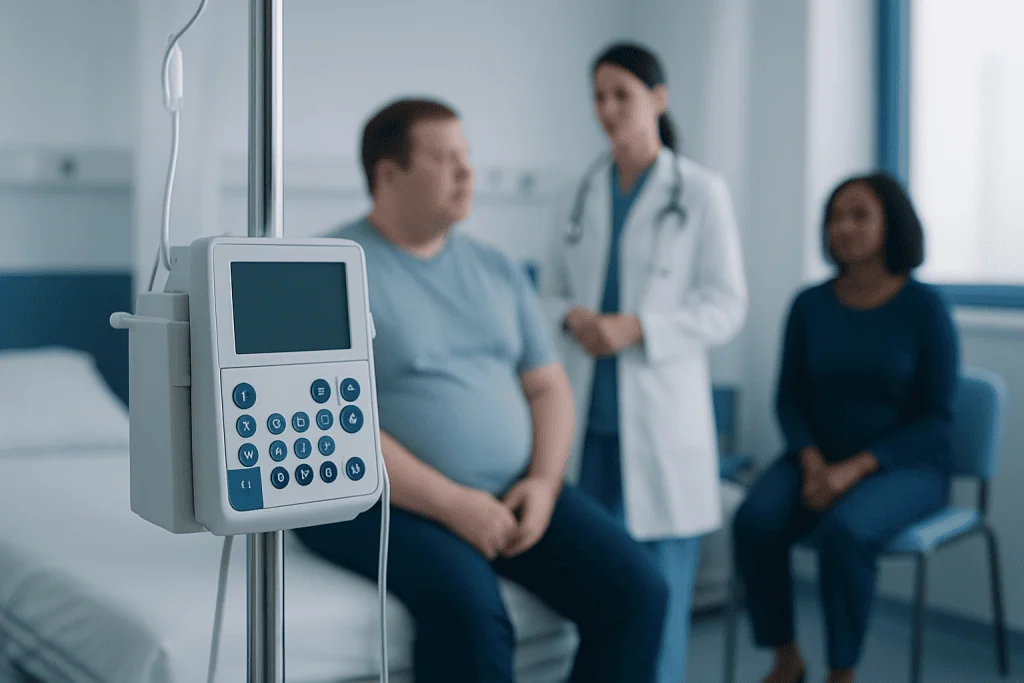 Hospital patient with medical staff and IV drip in background.