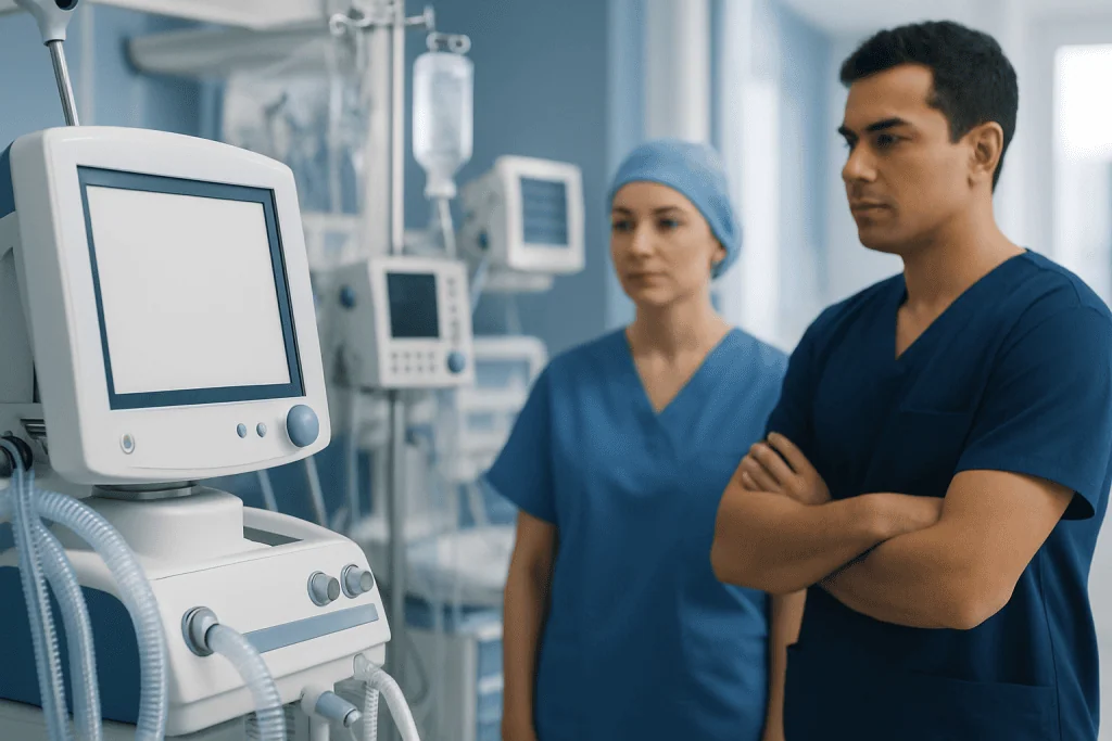 Medical professionals monitoring patient in hospital ICU.
