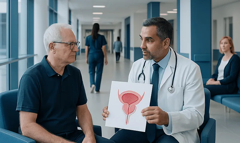 Urologist explaining prostate health to patient in hospital corridor.