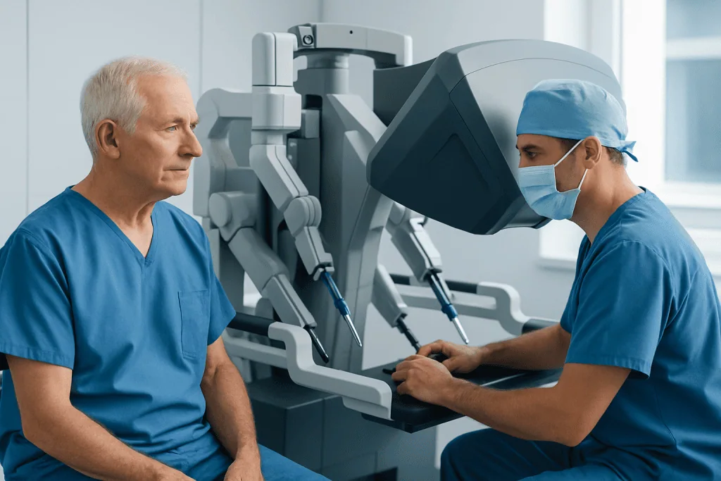 Urologist performing robotic prostate surgery on an elderly patient in a modern hospital.