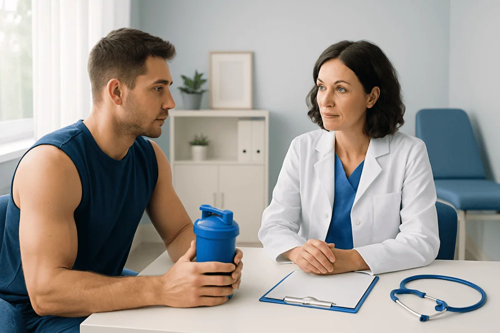 Doctor consulting with a young male patient holding a protein shaker in a clinic.