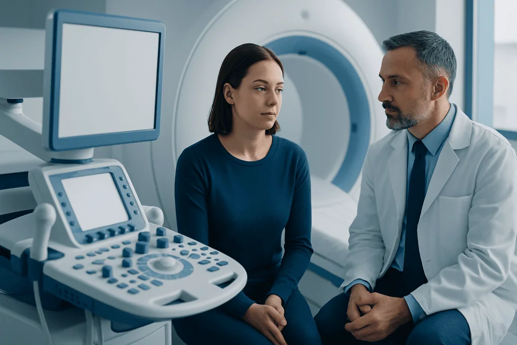 Medical consultation in a hospital MRI room with a doctor and patient.