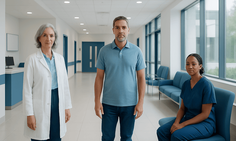 Medical professionals in a hospital corridor with large windows and seating area.