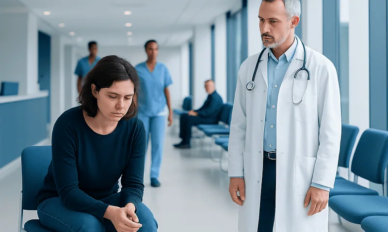 Doctor talking to a patient in a hospital corridor with medical staff in the background.