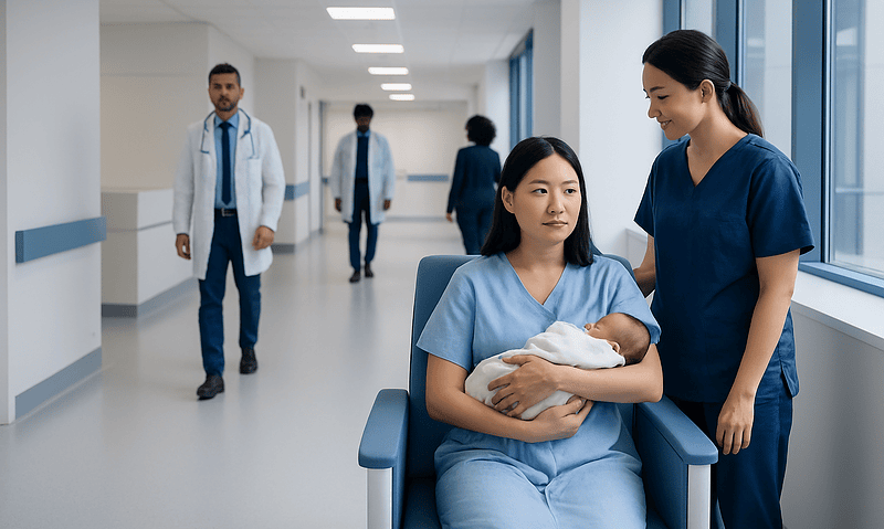 New mother with healthcare staff in hospital corridor holding her baby.