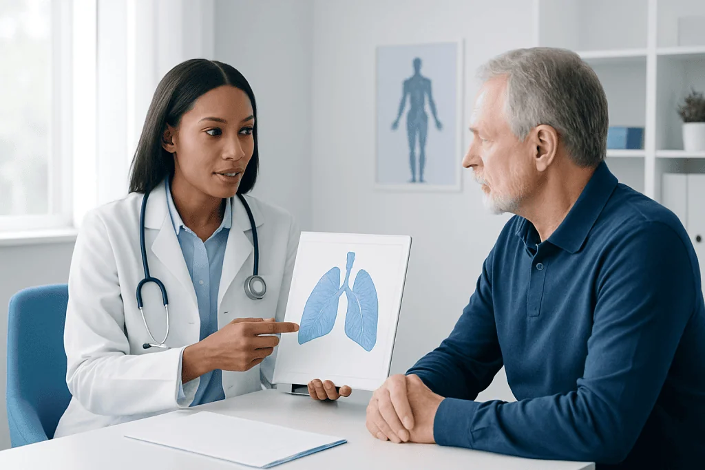 Doctor explains lung health to patient with lung diagram in clinic.