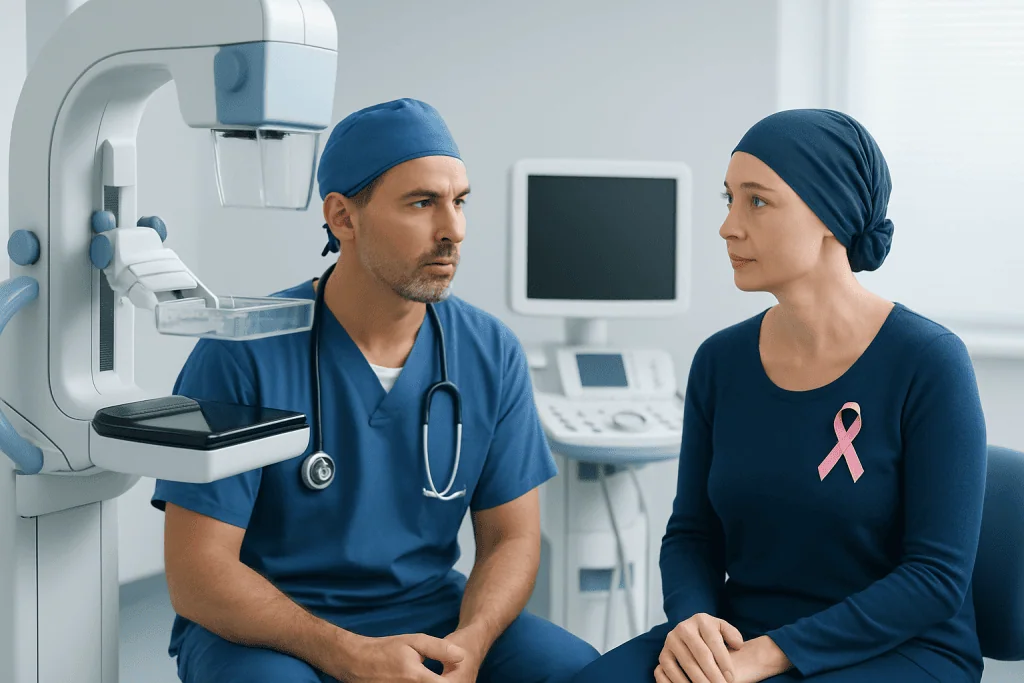 Breast cancer patient consulting with a doctor in a medical clinic.