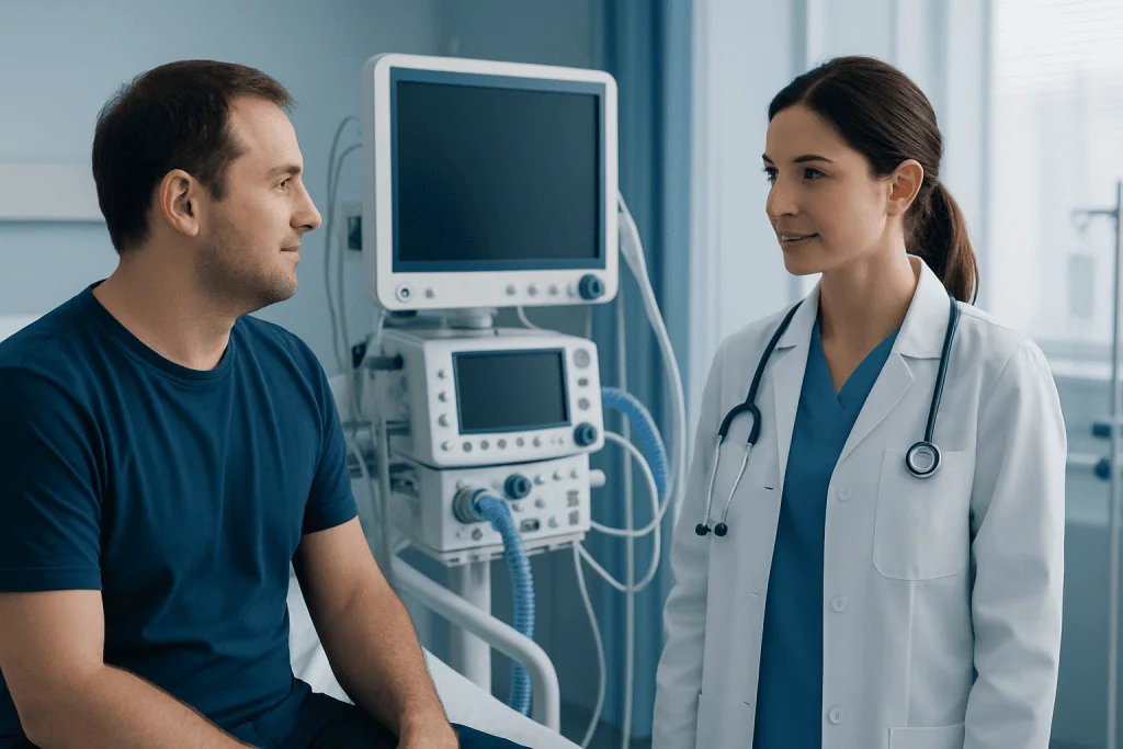Doctor consulting patient in a hospital room with medical equipment.