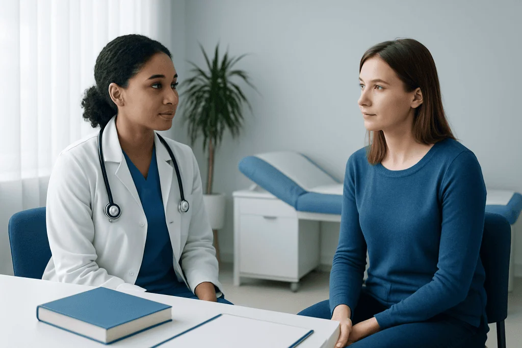 Doctor consulting with a patient in a medical office setting.