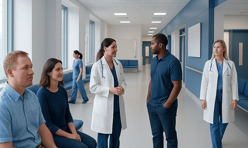 Medical professionals and patients in a hospital corridor at Acibadem Hospitals Group.