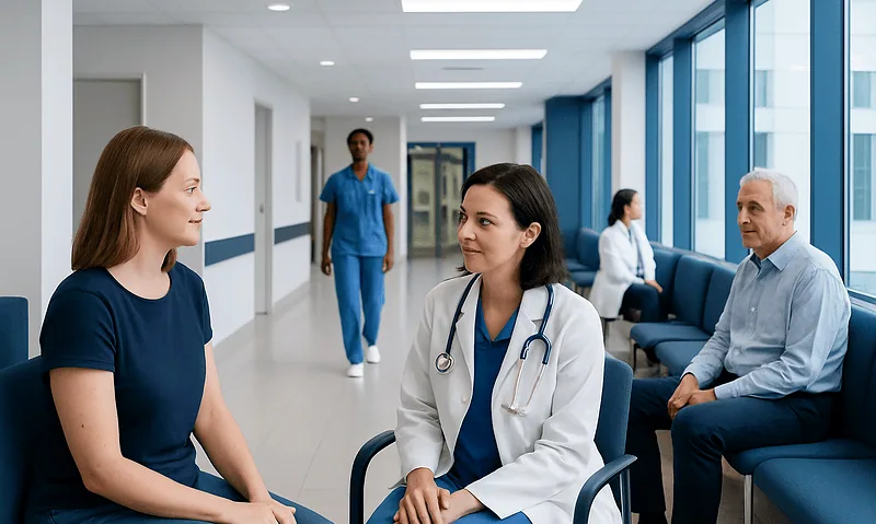 Doctor consulting with a patient in a hospital corridor.