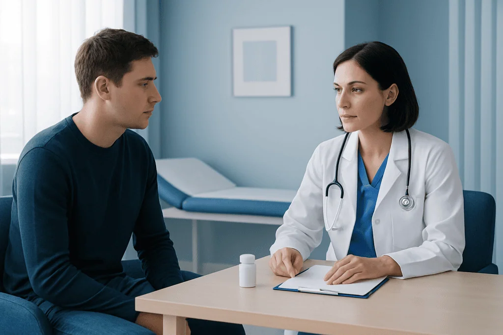 Doctor consulting with a young male patient in a medical office.