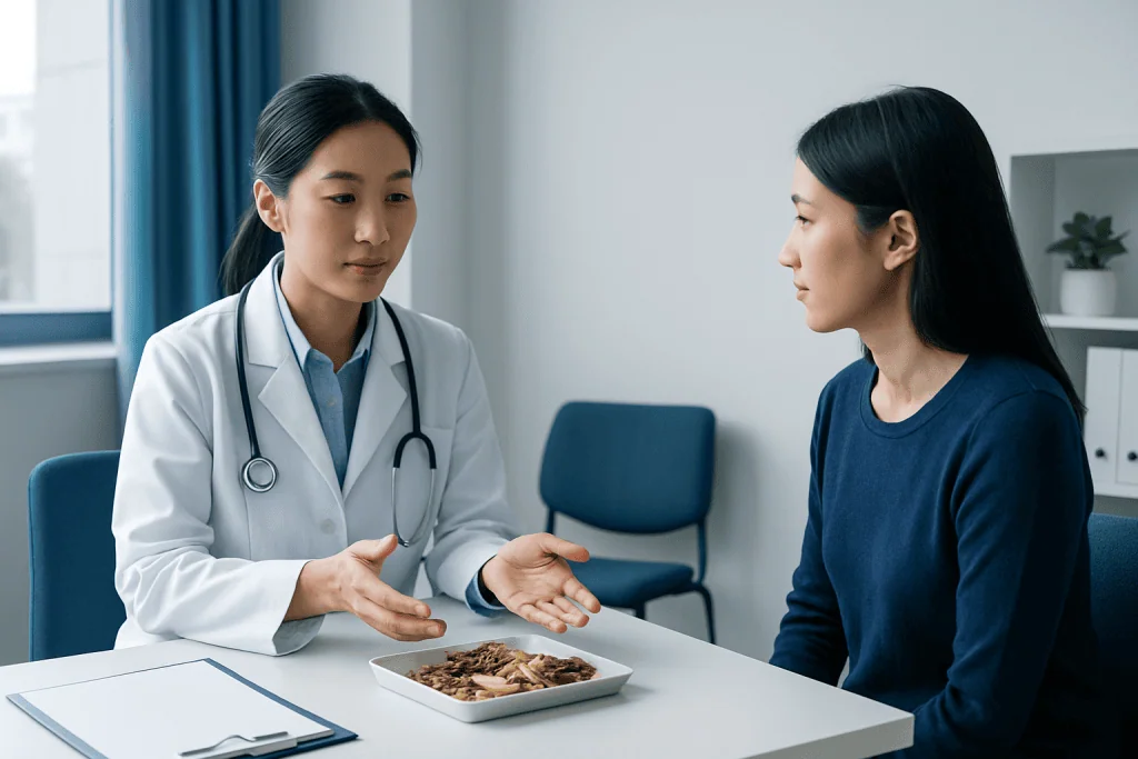 Doctor explaining traditional Chinese herbs to patient in consultation room.