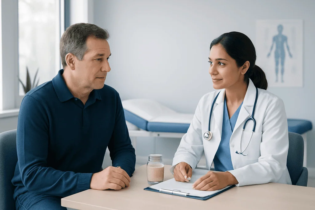 Doctor consulting with a male patient in a medical office setting.