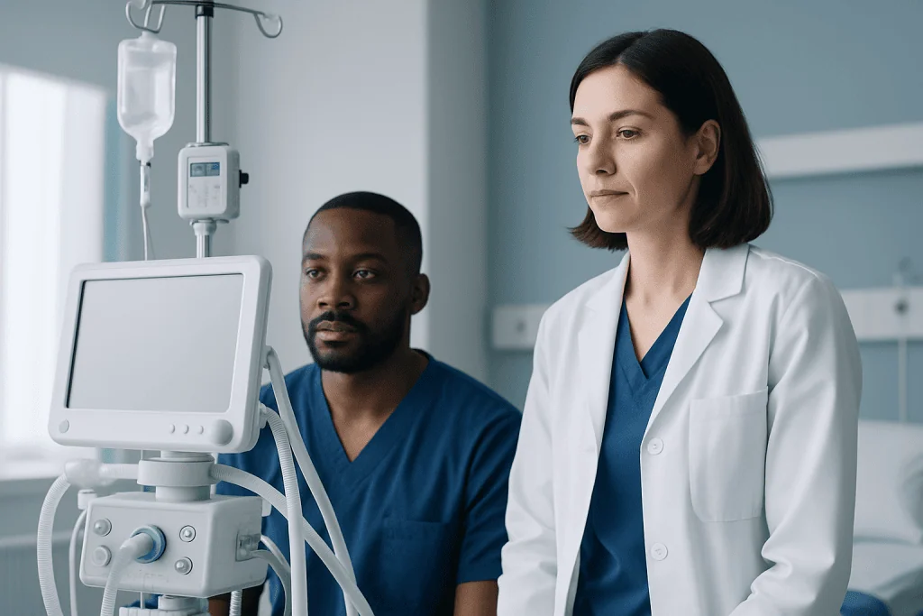 Medical professionals monitoring patient with advanced hospital equipment.