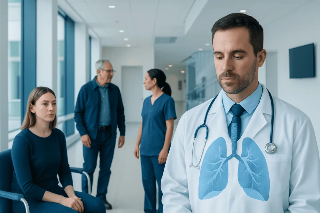 Understanding Respiratory Reactive Disease: A Complete Patient Guide 1 Doctor with lungs diagram consulting patients in hospital corridor.