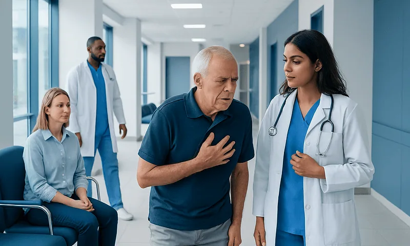 Doctor examines patient with chest pain in hospital corridor.