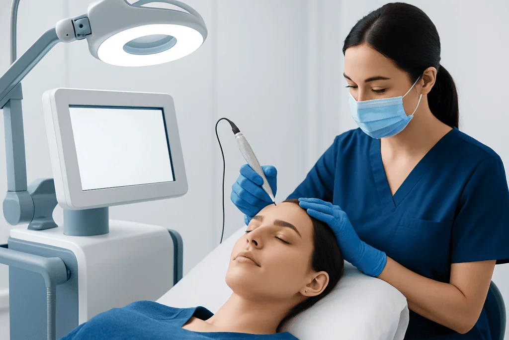 Medical professional performing microshading procedure on patient in clinic.