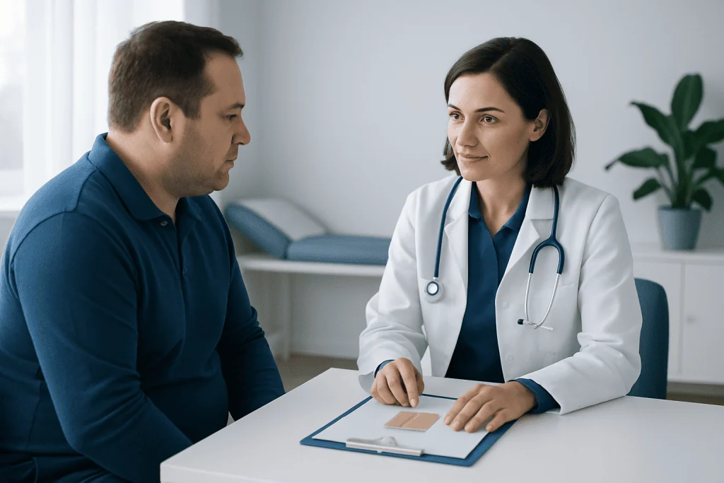 Doctor consulting with patient in a medical office setting.