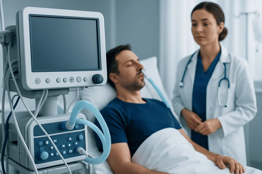 Hospital patient receiving respiratory treatment from a nurse in a clinical setting.