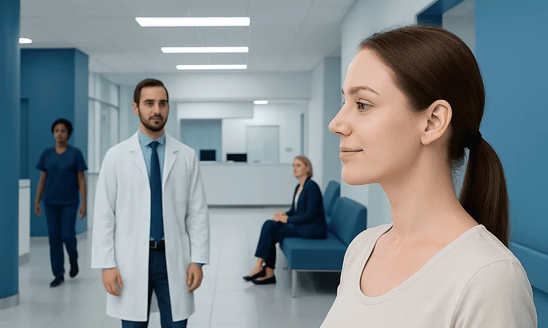 Patient in a hospital corridor with medical staff and visitors.
