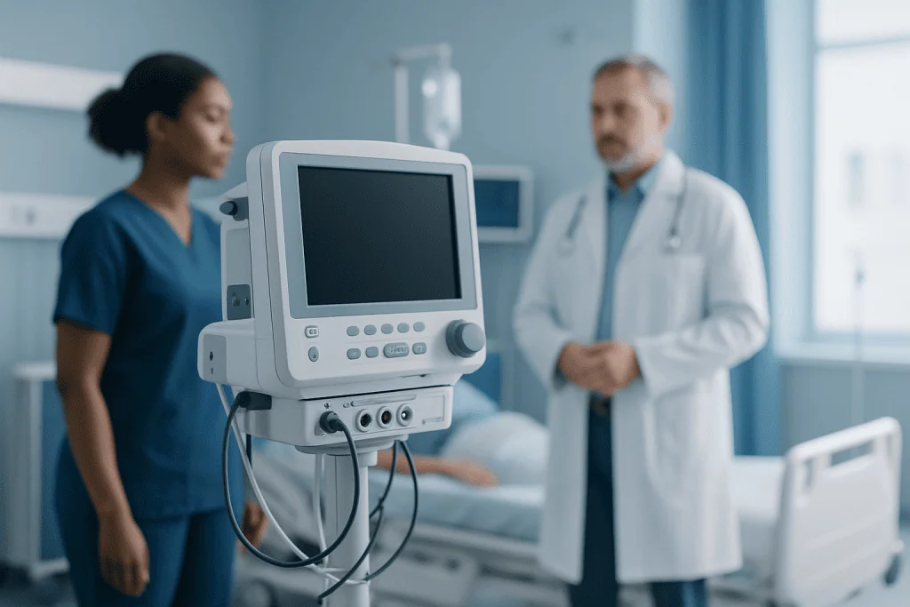 Medical professionals discussing patient care in hospital room with monitor.
