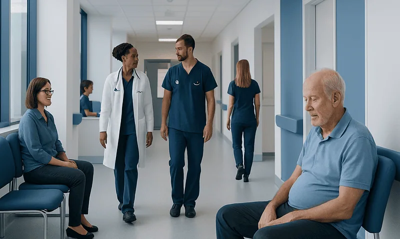 Medical staff and patients in a hospital corridor.
