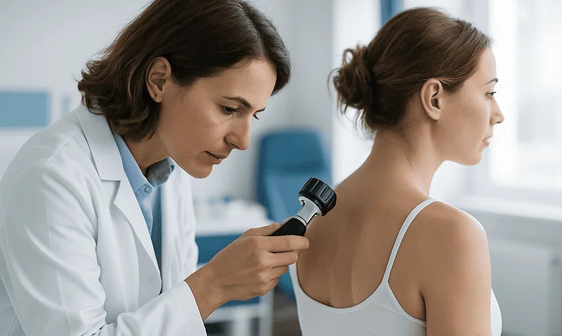 Dermatologist examining a patient's back with a dermatoscope in a clinical setting.