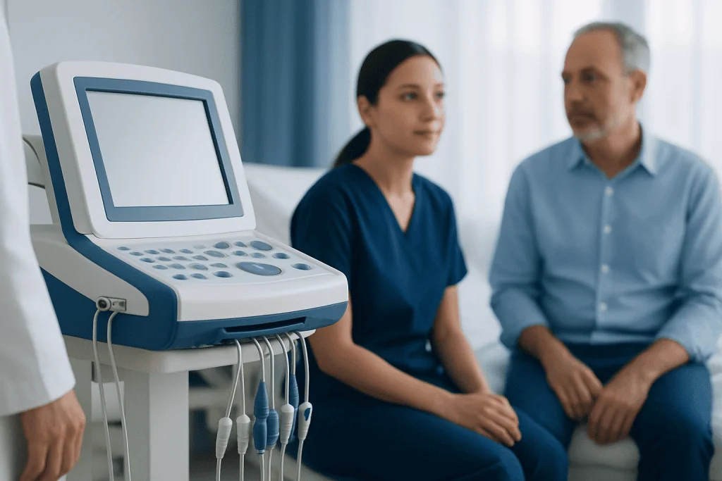 Medical consultation with ultrasound equipment in a hospital setting.