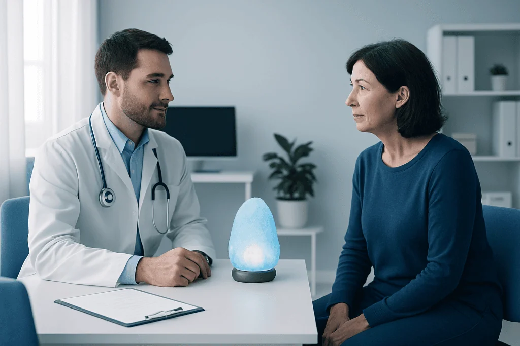 Doctor consulting with a patient in a modern medical office with a salt lamp on the table.